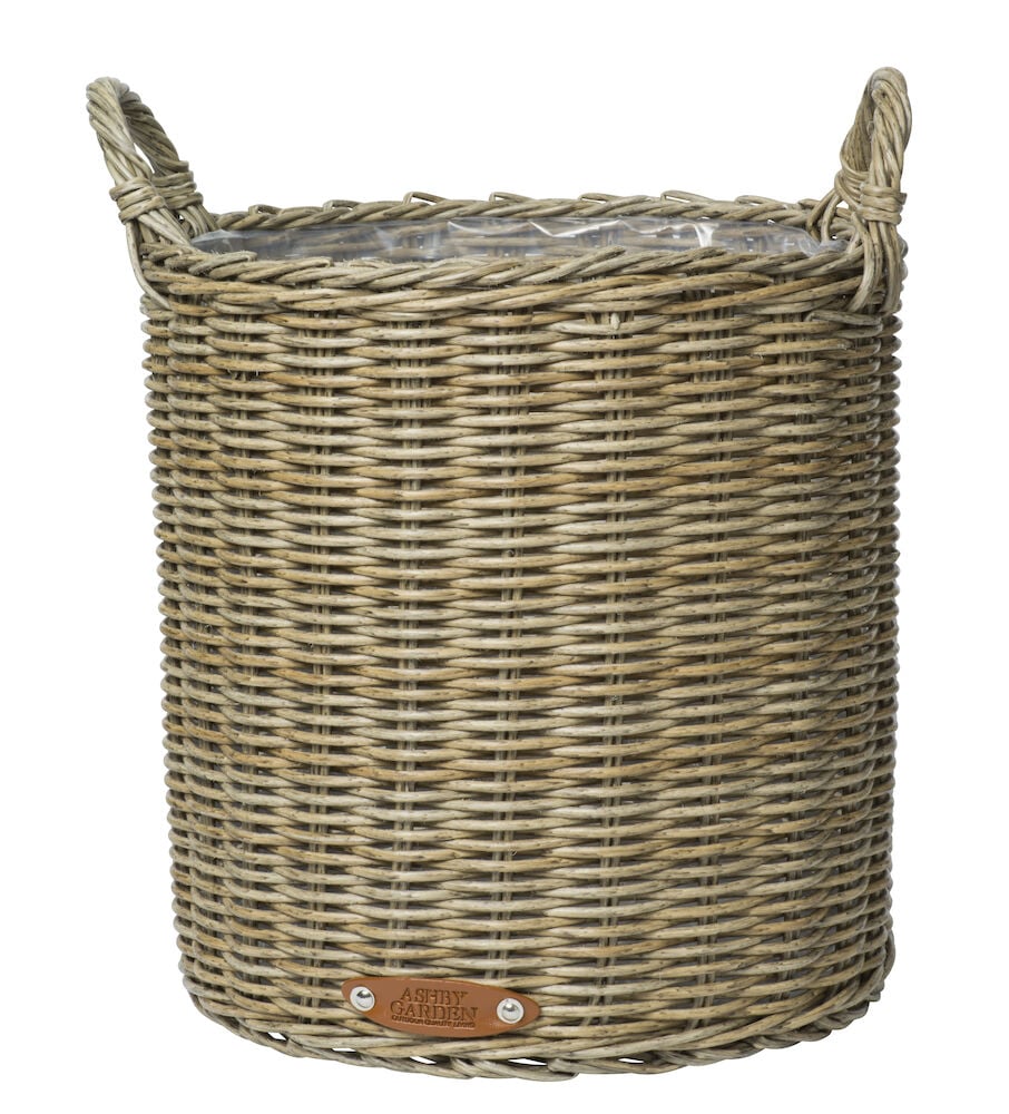 Geflochtener runder Korb mit Griffen und Plastikinnenverkleidung.