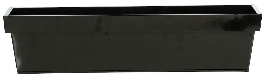 Schwarzer rechteckiger Blumenkasten aus Zink ohne Inhalt.
