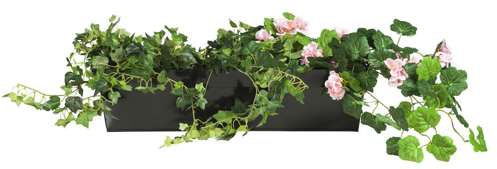 Schwarzer länglicher Blumenkasten mit grünen Pflanzen und Blumen.