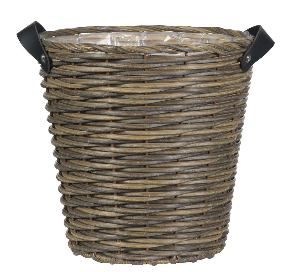 Brauner geflochtener Topf mit schwarzen Griffen.