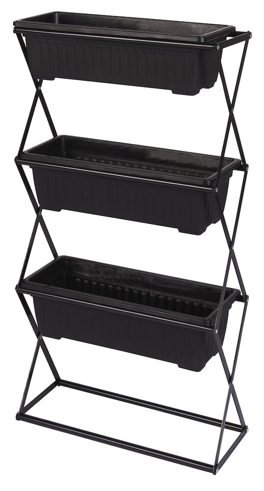 Svart växthylla med tre avtagbara blomlådor.