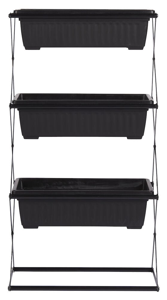 Svart växthylla med tre plan för inomhusbruk.