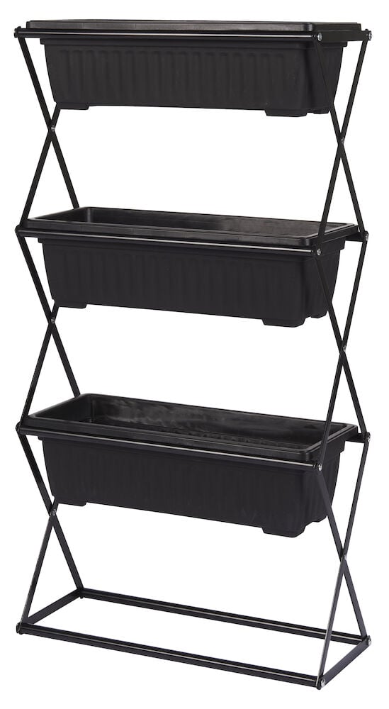 Svart växthylla med tre plastlådor och stålramsställning.