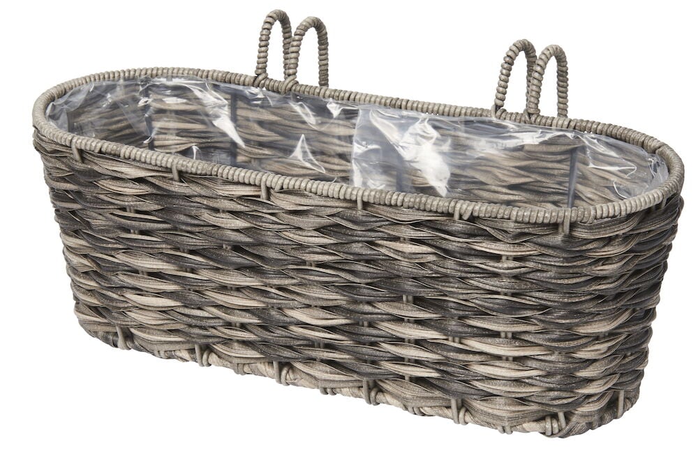 Länglicher Blumenkasten aus geflochtenem Kunststoff für den Balkon.