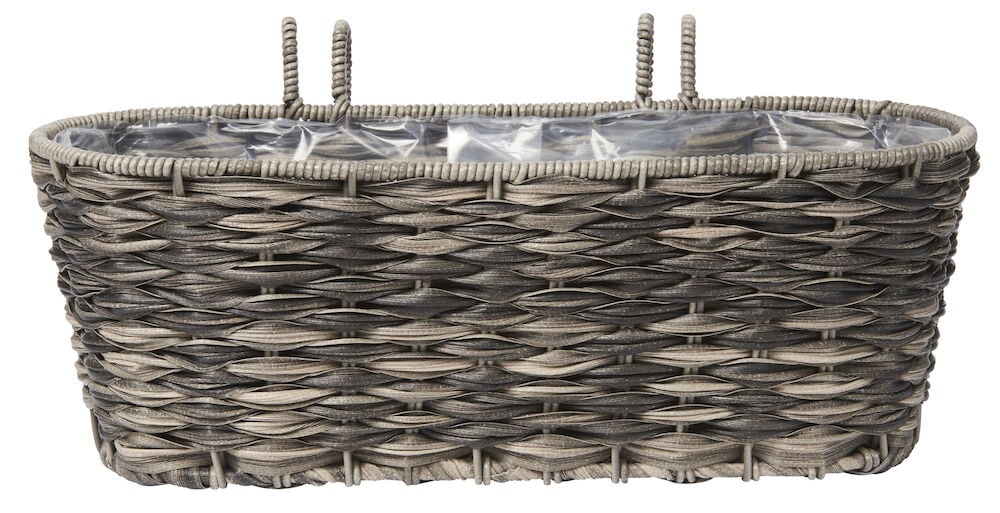 Länglicher Blumenkasten aus geflochtenem Polyrattan mit Kunststoffhülle.