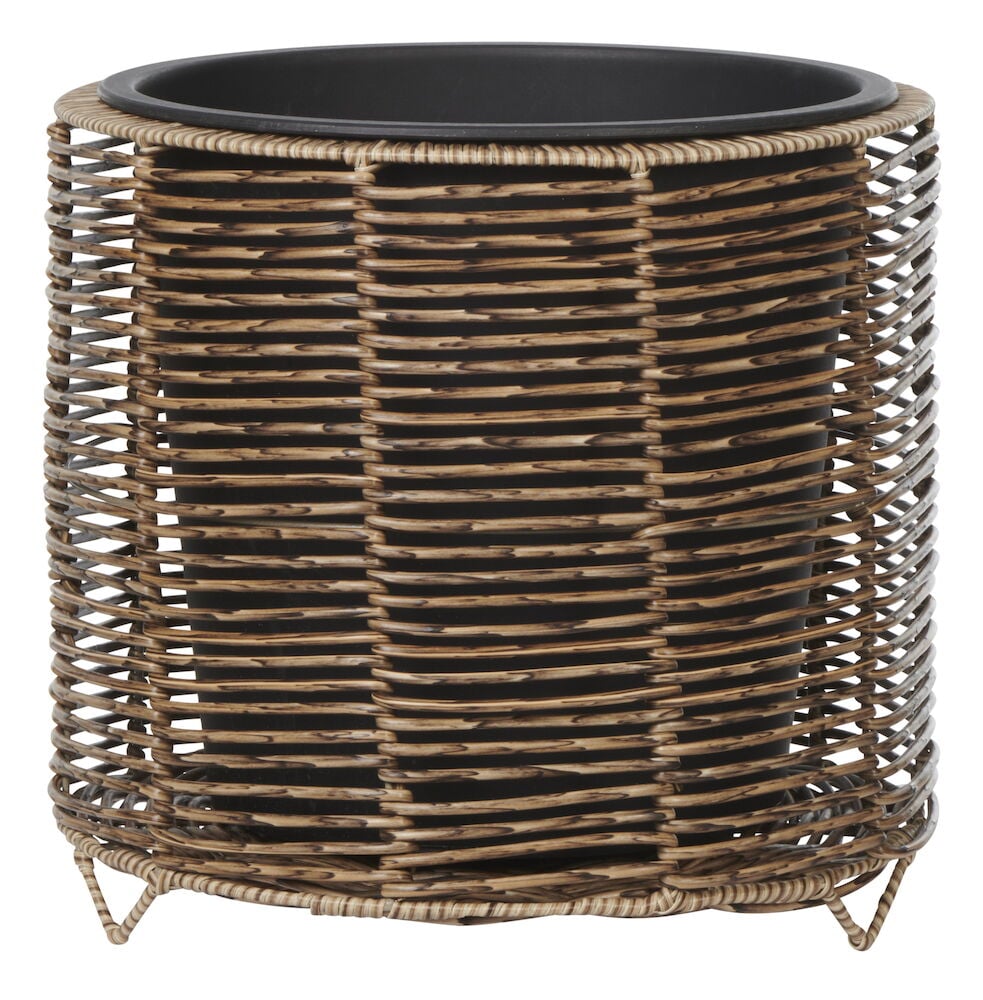 Runder Topf aus Kunstgeflecht mit schwarzem Innentopf.