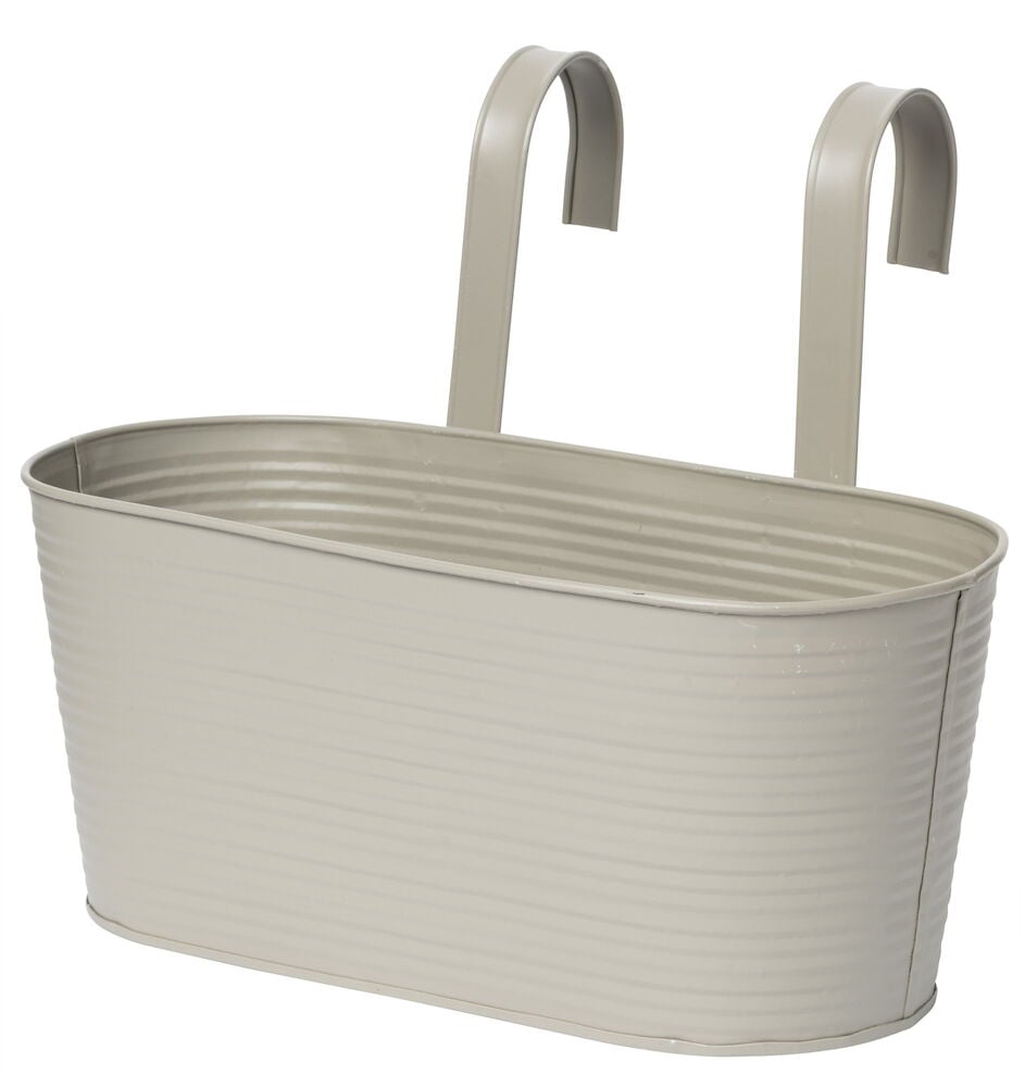 Ribbet balkongkasse i sink med kroker.