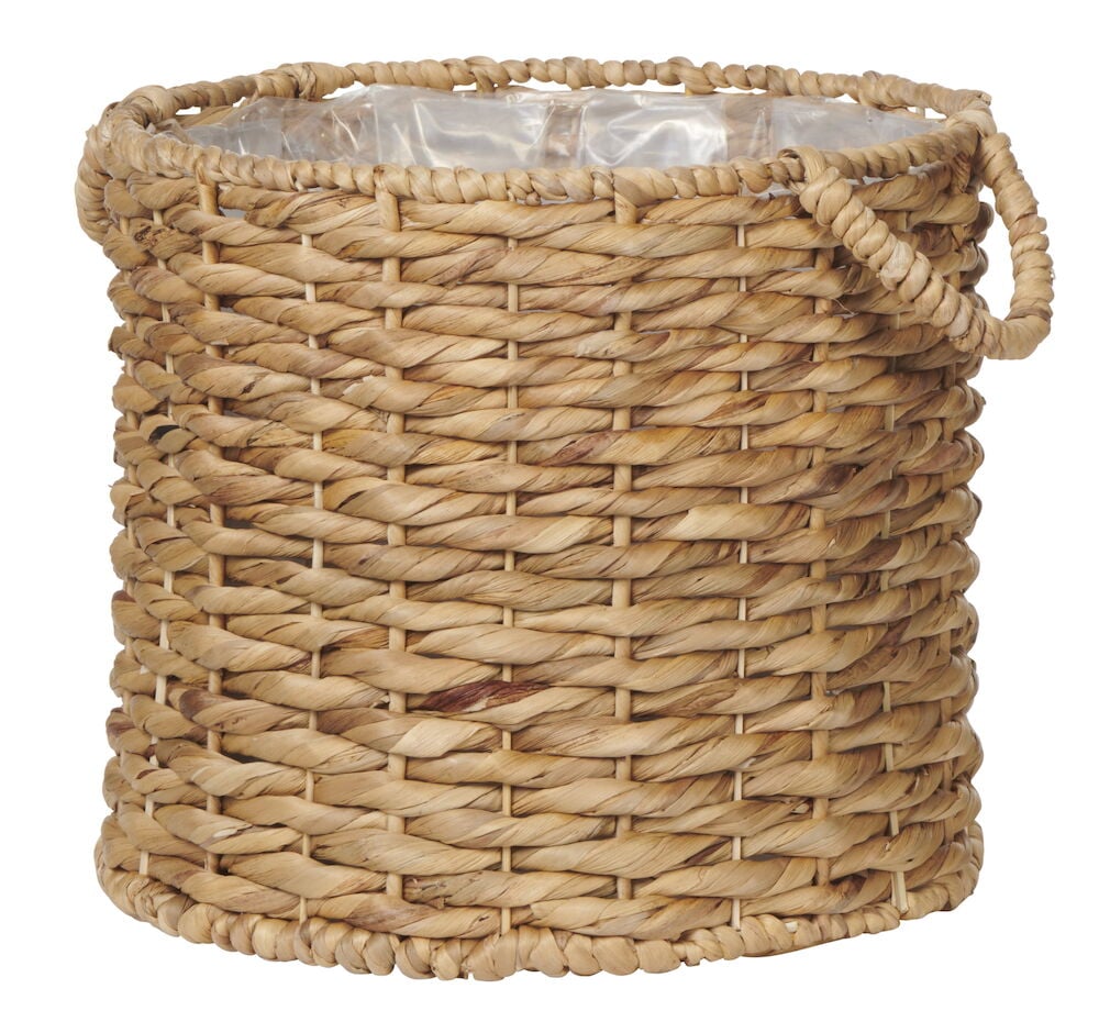 Flätad rund kruka i vattenhyacint med plastinsats.
