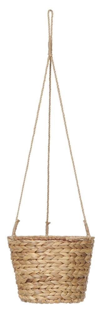 Hängender Korb aus Wasserhyazinthe mit Hanfseil.