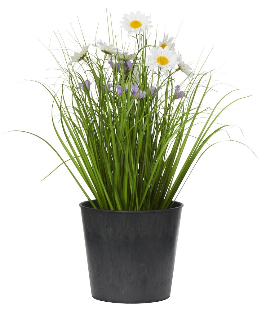 Mörkgrå plastkruka med dekor och konstblommor.