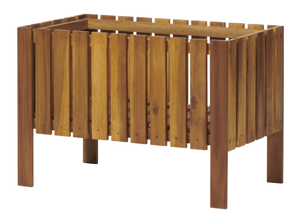 Suorakulmainen kukkalaatikko ruskeaa akaasiapuuta jaloilla.