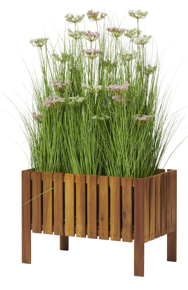 Suorakulmainen kukkalaatikko akaasiapuusta vihreiden kasvien kanssa.