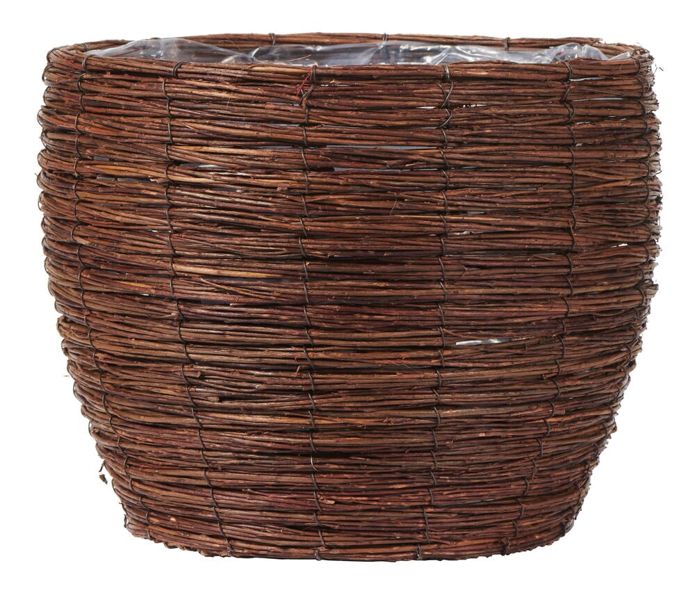Runde Vase aus geflochtener Weide mit Plastikinnenbeschichtung.