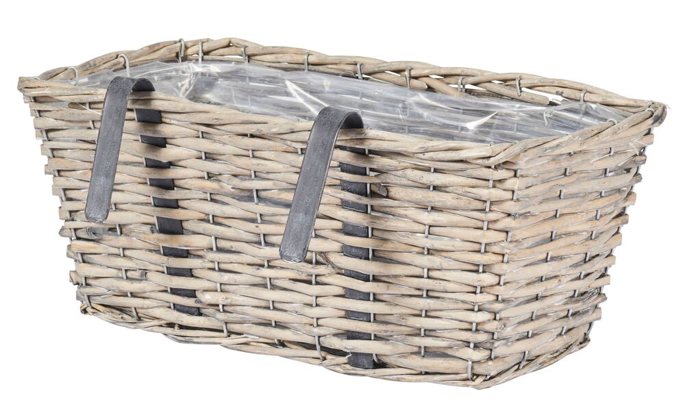 Rechteckiger Korb aus Weide mit Plastikeinsatz.