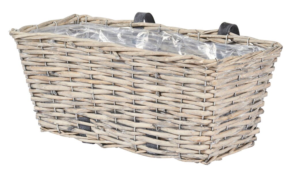 Rechteckiger Blumenkasten aus Weide mit einer Innenseite aus Kunststoff.