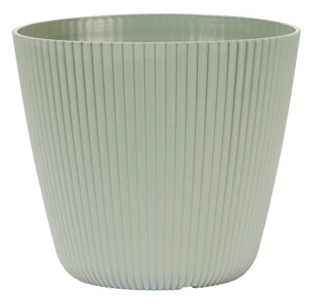 Grön stor kruka med ränder, plastmaterial.