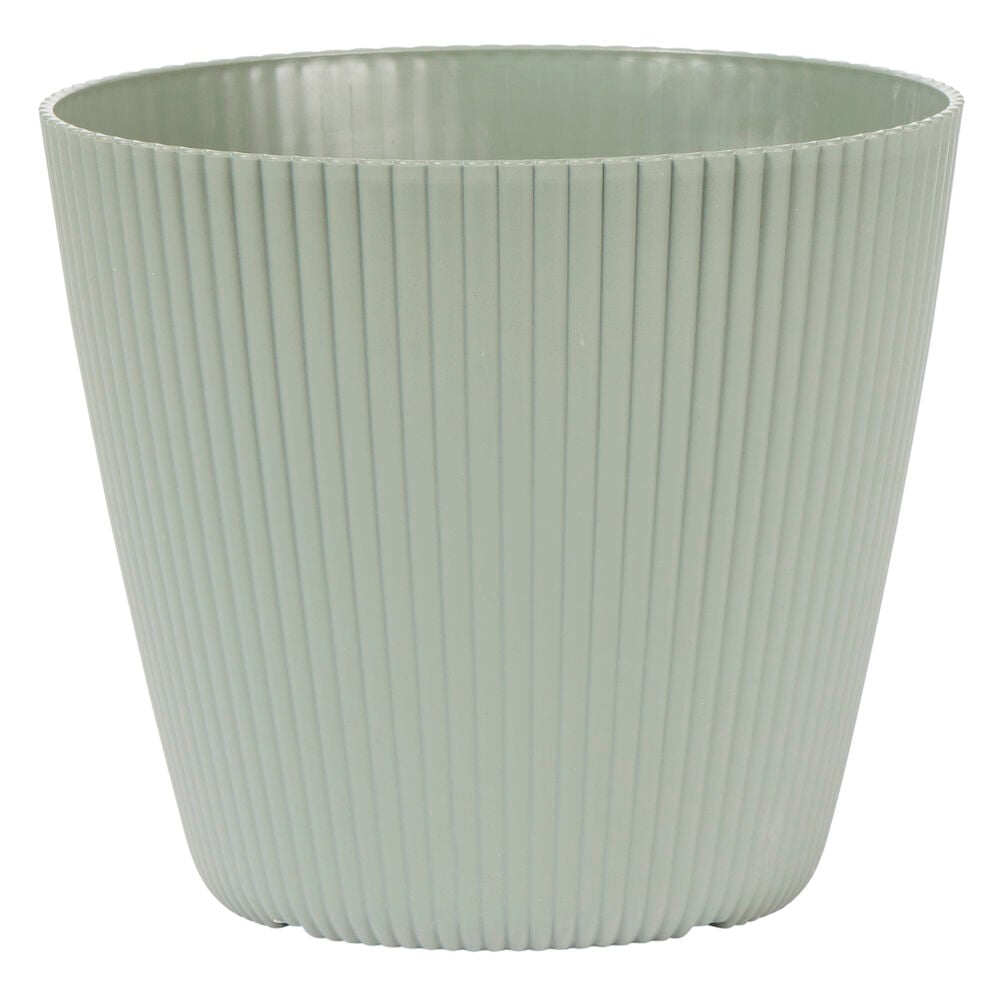 Grön kruka i räfflad plast med tidlös design.