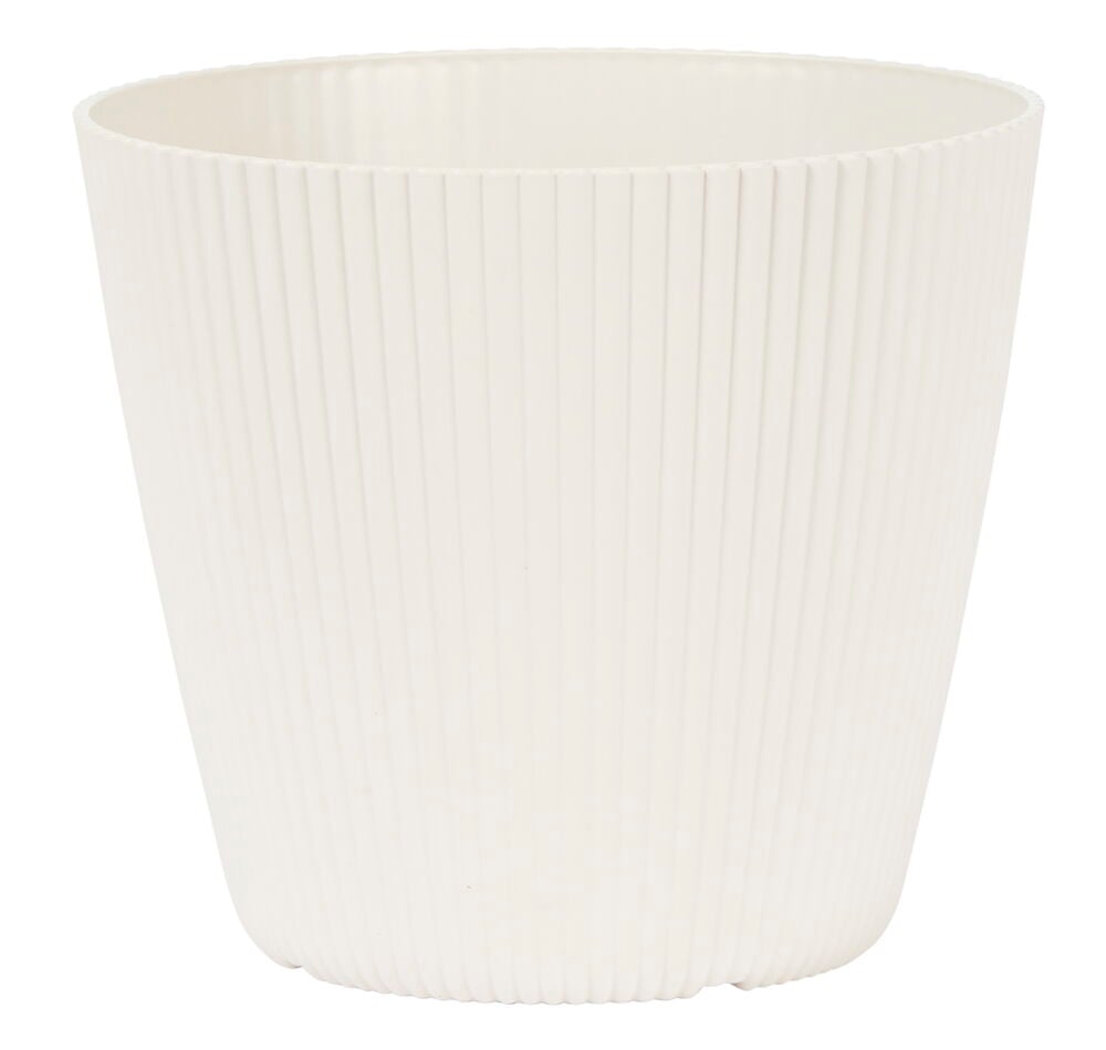 Beige kruka med räfflad yta i plast.