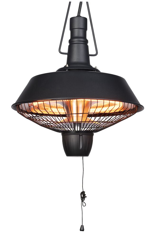 Schwarzer hängender Infrarotstrahler mit Käfig und Reißverschluss.