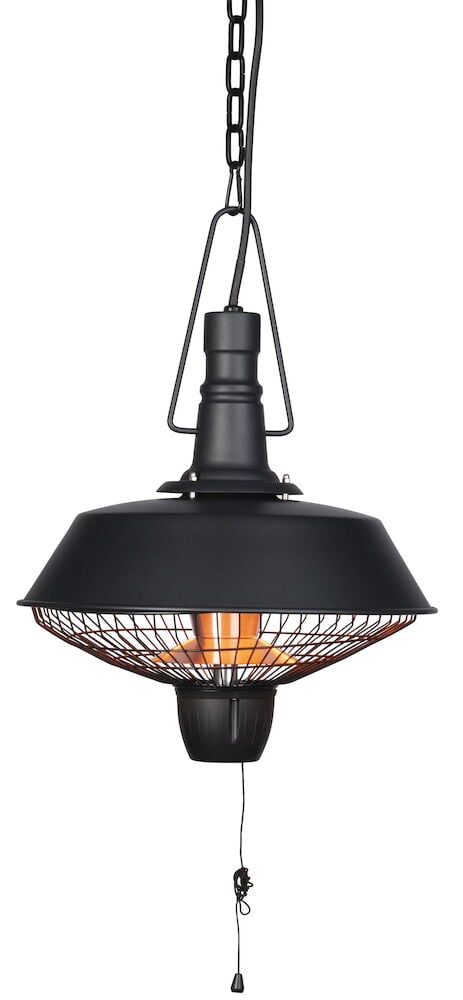 Schwarzer hängender Infrarotstrahler mit Kette und sichtbarem Glühen.