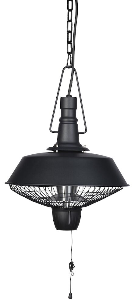 Schwarzer deckenhängender Infrarotstrahler mit Kette und Zugschalter.