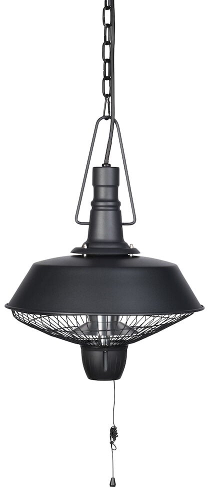 Schwarzer hängender Infrarotstrahler mit Kette und Zugschalter.