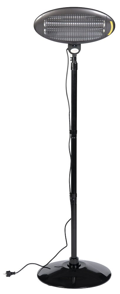 Schwarzer freistehender Infrarot-Heizer mit rundem Sockel und Kabel.