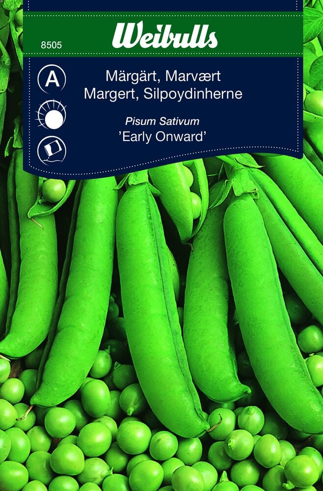 Vihreät herneenpalot ja herneet Weibullsin siemenpussissa.