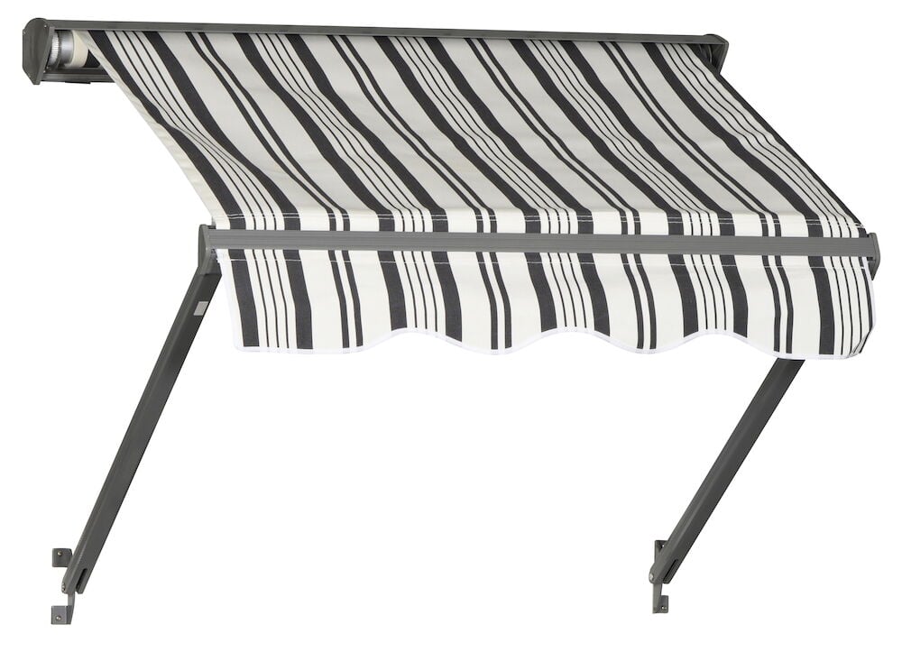 Grå och vit fönstermarkis med ränder.