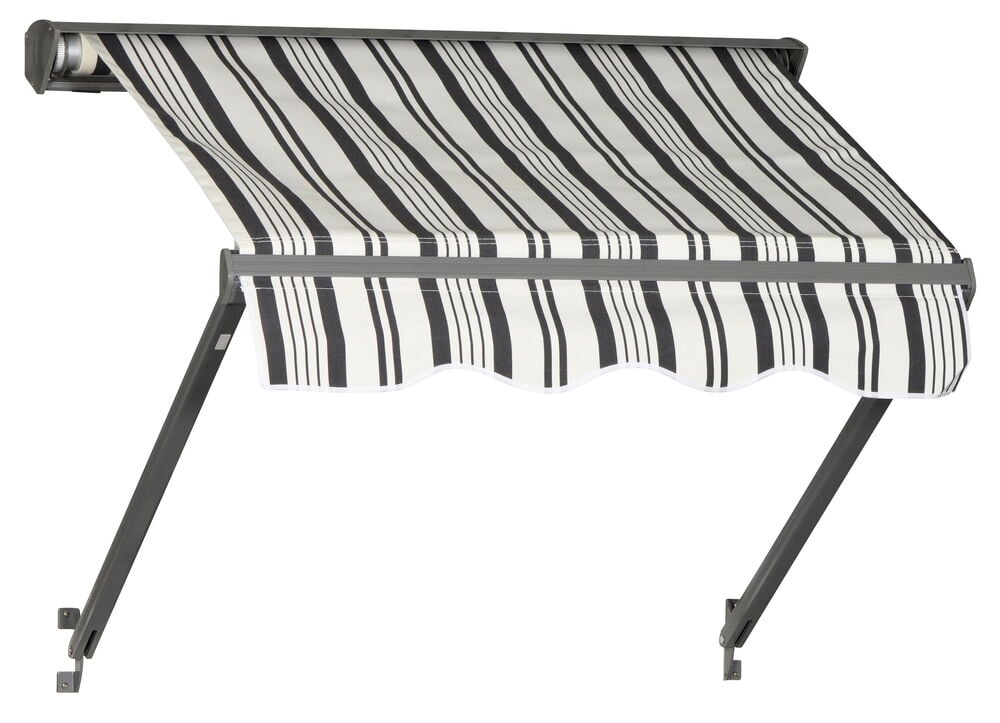 Grau-weiße Fenster-Markise mit gestreiftem Stoff und Metallrahmen.