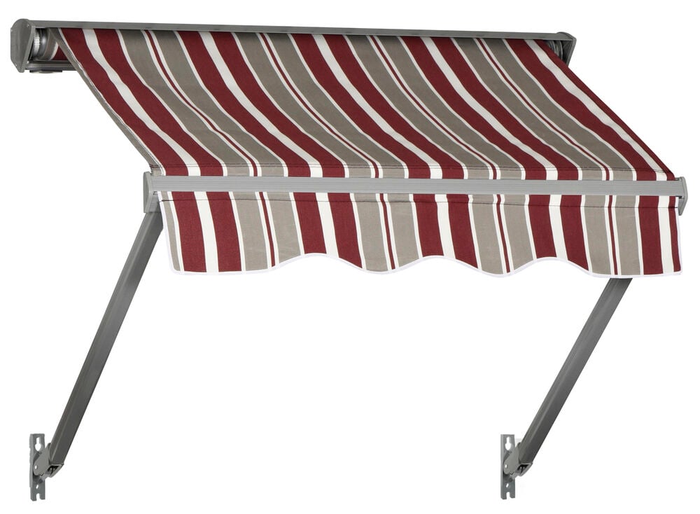 Vindusmarkise 97x70 cm med grå, bordeaux og hvite striper, bølget kant og grå metallramme.