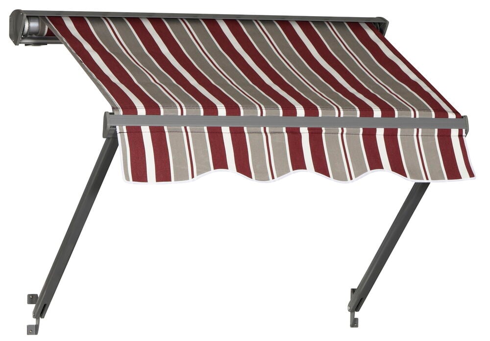 Randig fönstermarkis med grå och bordeaux ränder.