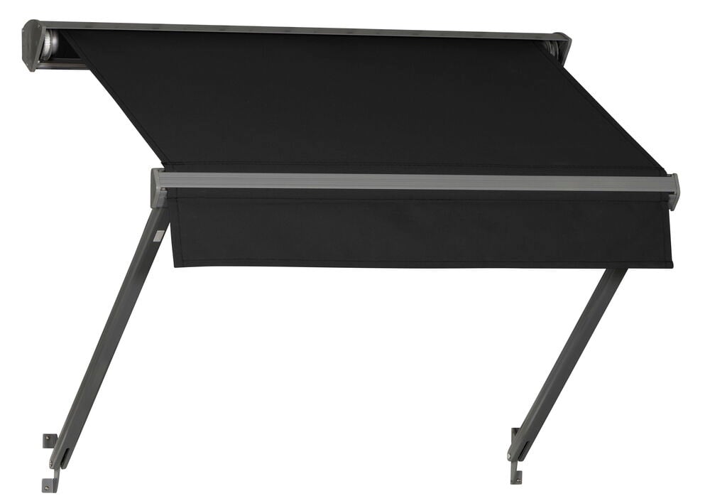 Svart fönstermarkis med aluminiumram och utdragbara armar.