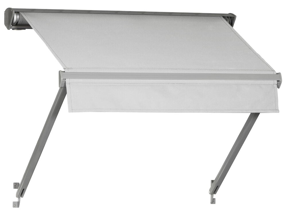 Ljusgrå fönstermarkis med två utfällbara armar.