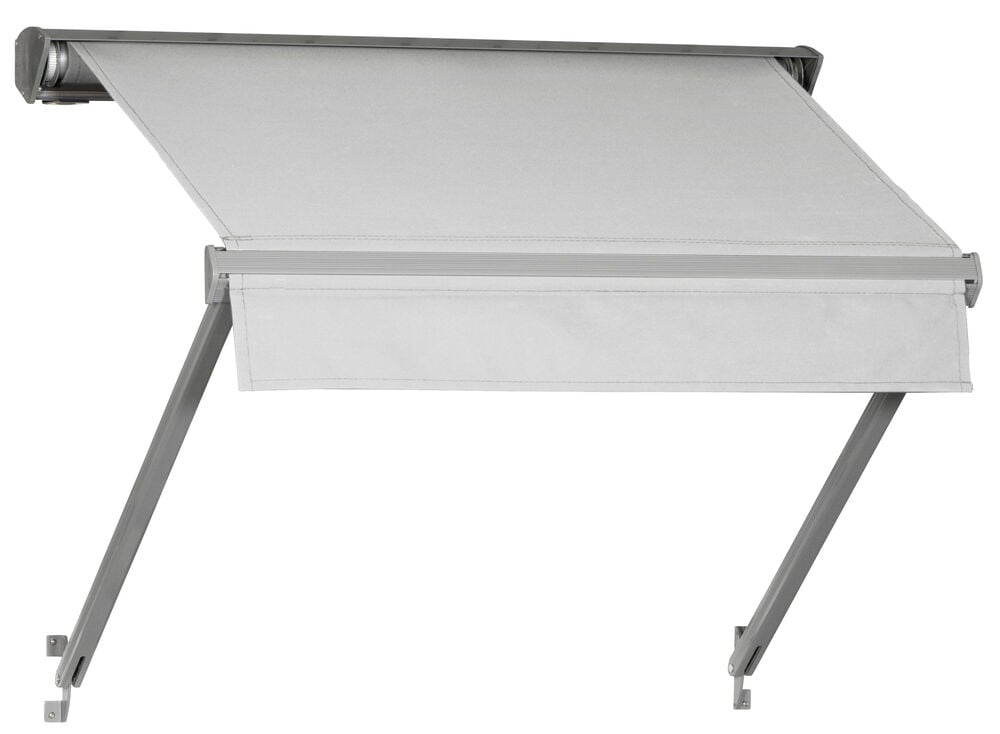 Ljusgrå fönstermarkis 197x70 cm utfälld med metallstödarmar mot vit bakgrund.