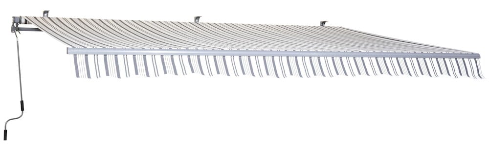 Gråhvit terrassemarkise med sveiv og veggfester.