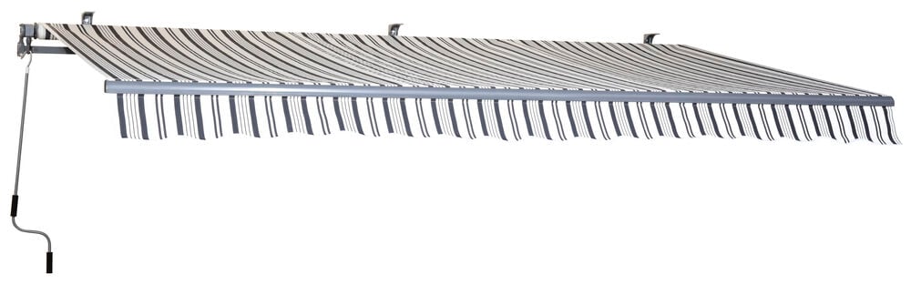 Gråvit randig terrassmarkis med manuell vev.