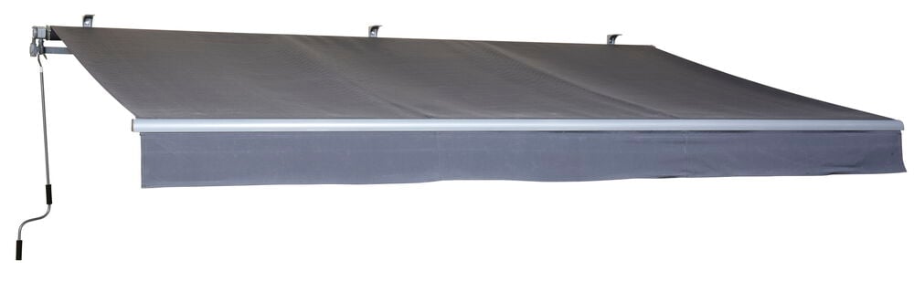 Grå terrassmarkise med manuell sveiv og veggfester.