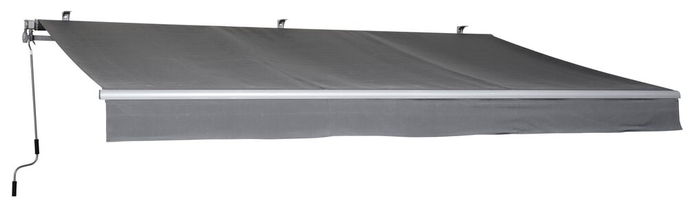 Grå terrassmarkis med vev och aluminiumarmar.