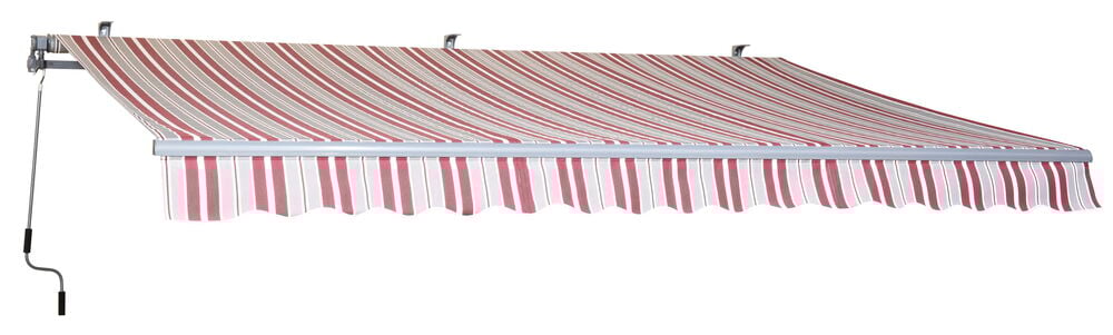 Grå och bordeauxrandig terrassmarkis med manuell vev.