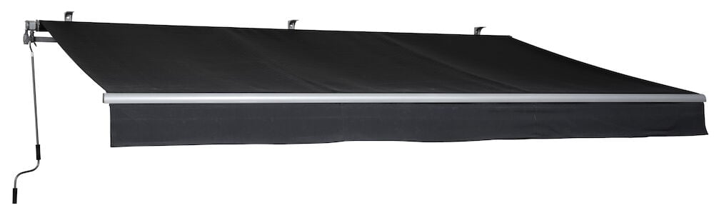 Svart terrassmarkis med vev och metallram.