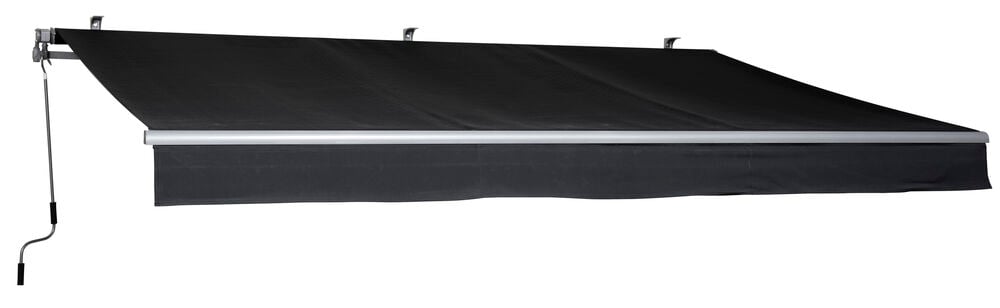 Svart terrassmarkis med vev och aluminiumram.