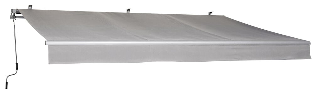 Ljusgrå terrassmarkis med vev för solskydd.