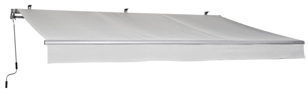 Lys grå terrassemarkise med sveiv montert på vegg.