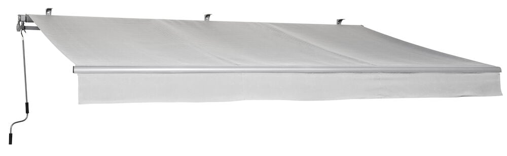 Ljusgrå terrassmarkis med vev och väggfästen.