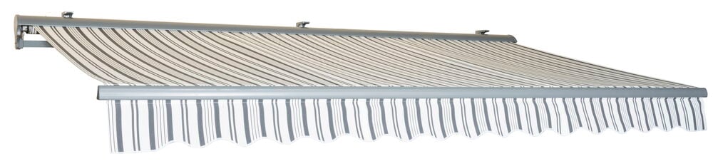 Gråvit motoriserad terrassmarkis med randigt tyg och aluminiumram.