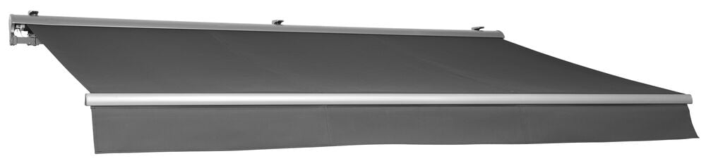 Grå motordriven terrassmarkis monterad på vägg.