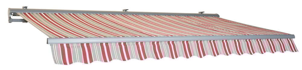 Randig terrassmarkis i grått och bordeaux, utfälld.