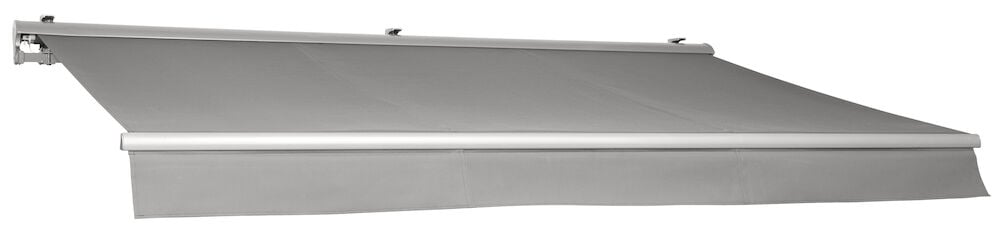 Lys grå terrassemarkise med aluminiumsramme og motor.