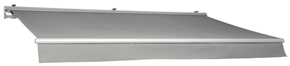 Ljusgrå terrassmarkis med aluminiumram monterad på vägg.